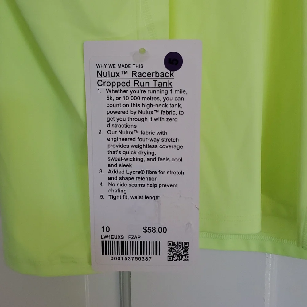 NWT Lululemon Nulux Racerback Cropped Run Tank Sz 4,6 Faded Zap